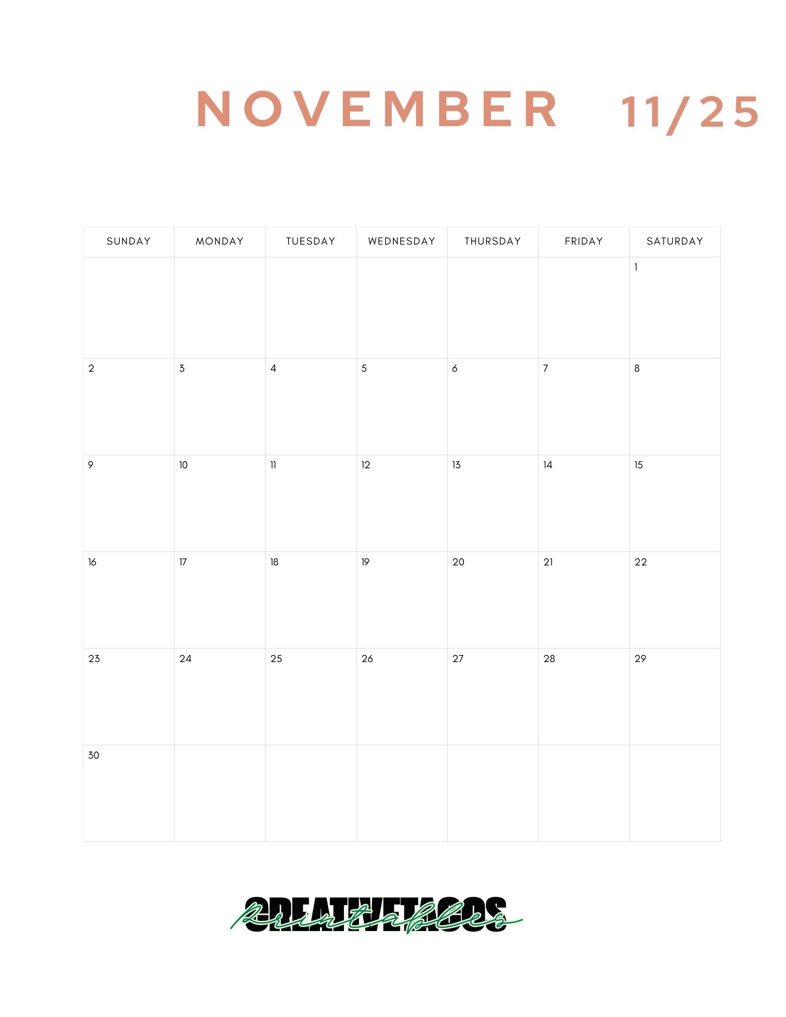 Minimalist Printable 2025 Monthly Calendar Template