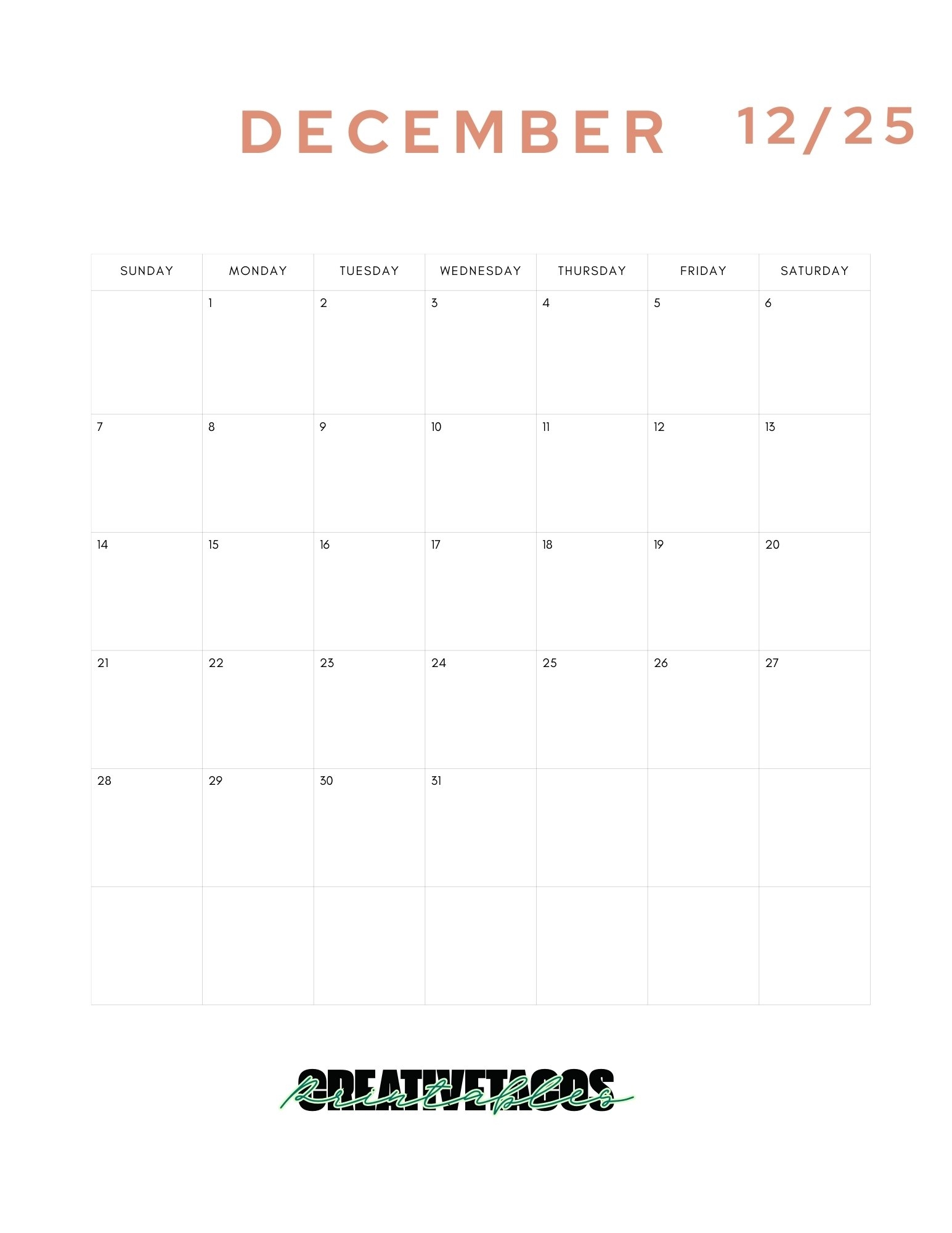 Monthly Calendar December 2025 Printable