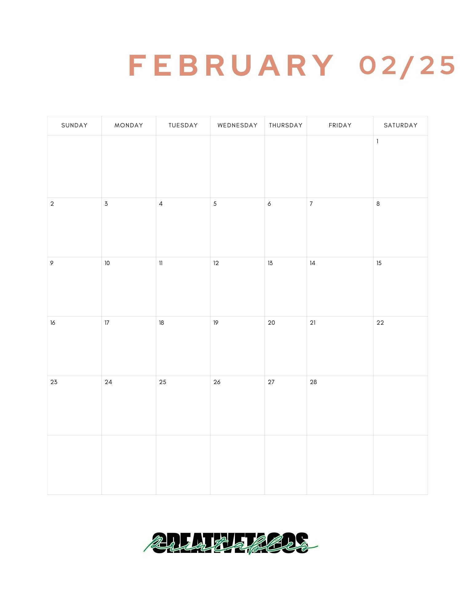 Minimalist Printable 2025 Monthly Calendar Template