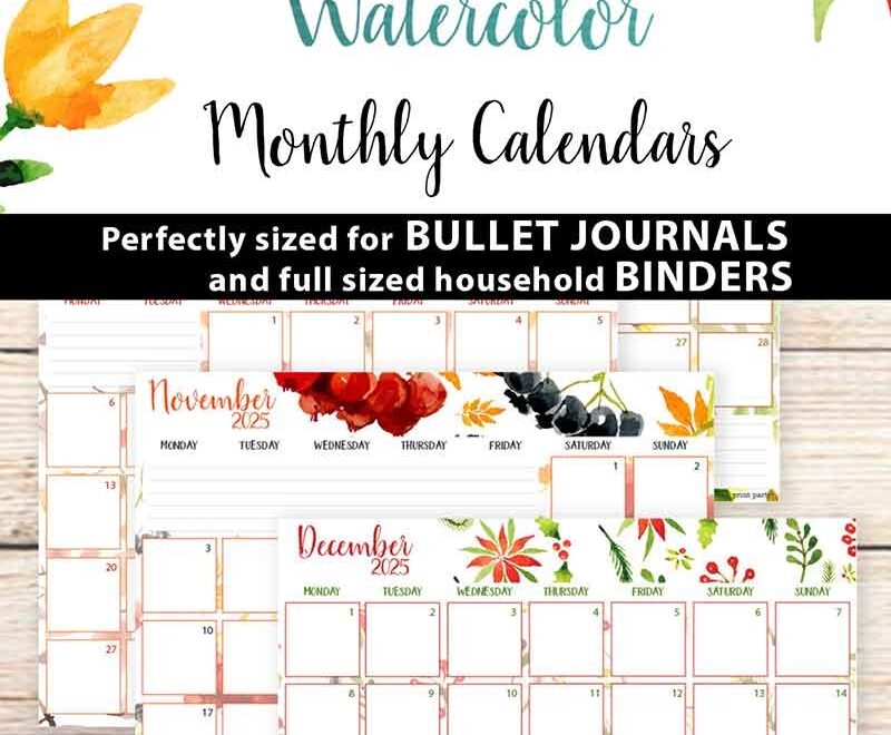 Monday Start 2025 Monthly Calendars For Bullet Journals Or Binders Watercolor Printable