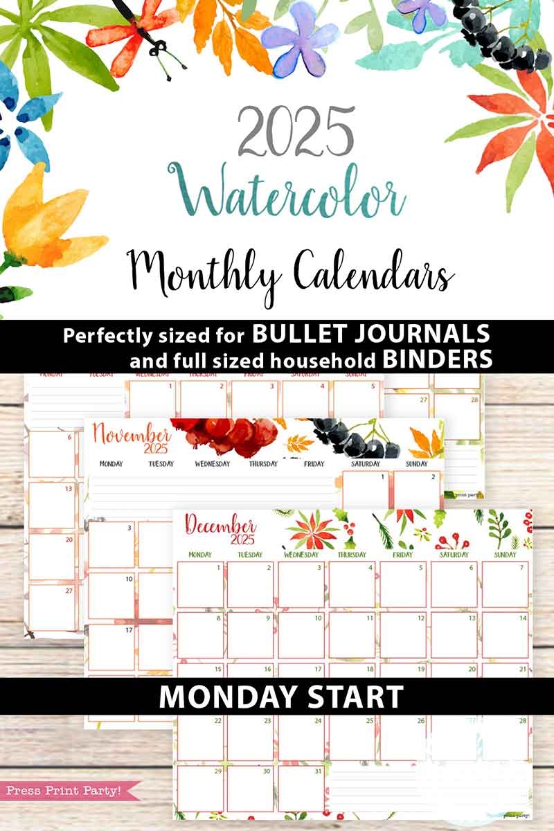 Monday Start 2025 Monthly Calendars For Bullet Journals Or Binders Watercolor Printable 