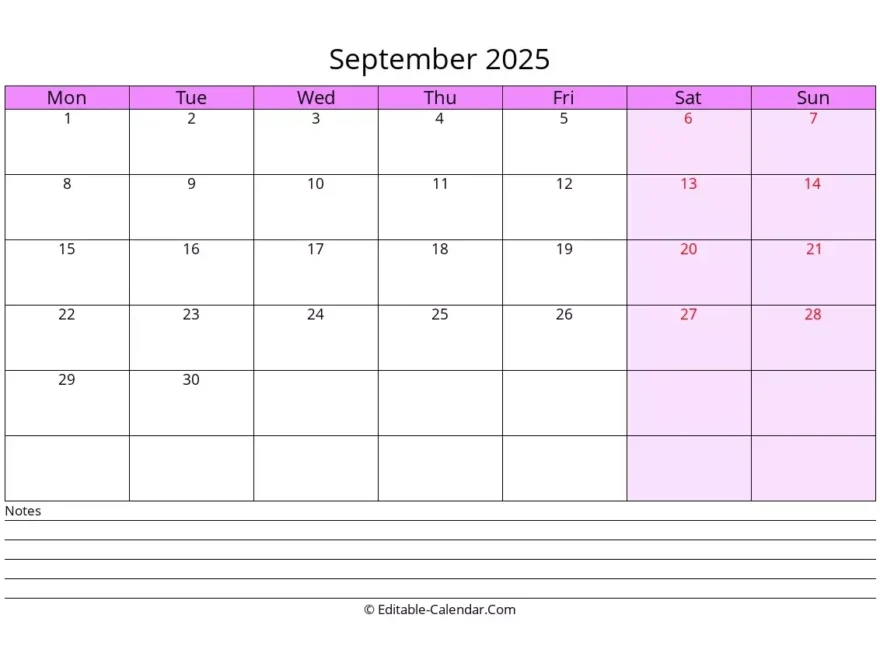 Monday Start Editable Calendar September 2025 In Excel Word PDF
