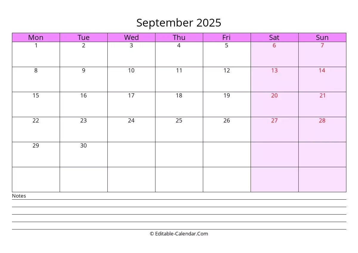 Monday Start Editable Calendar September 2025 In Excel Word PDF