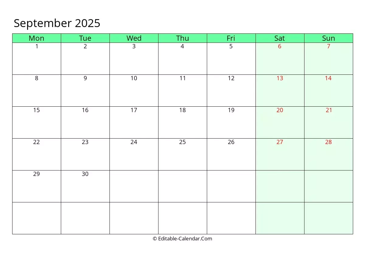 Monday Start Editable Calendar September 2025 In Excel Word PDF