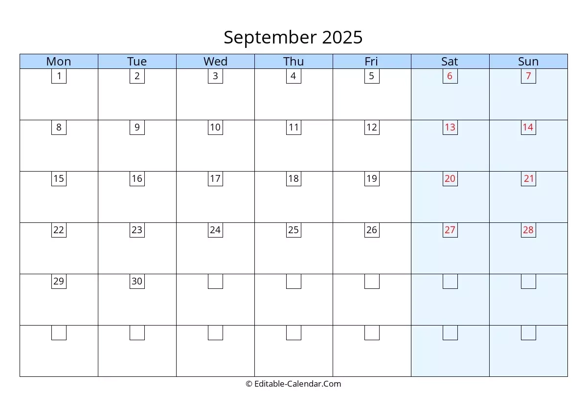 Monday Start Editable Calendar September 2025 In Excel Word PDF