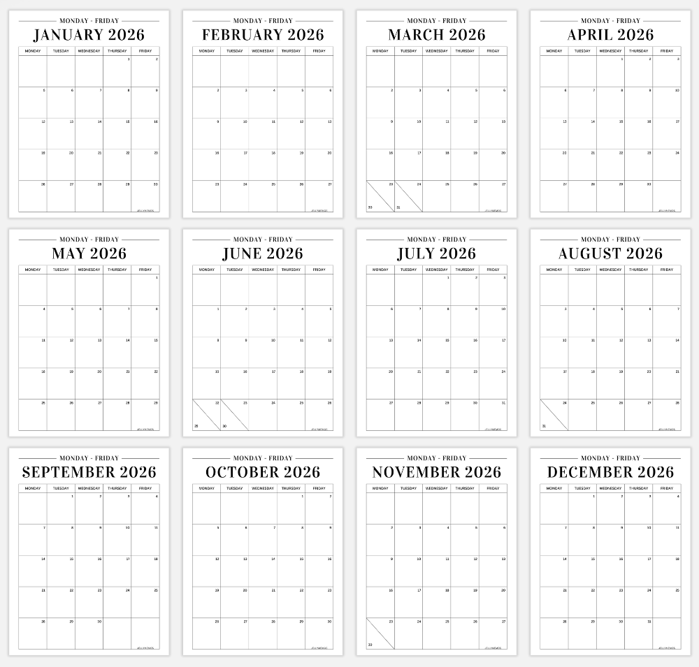 Free M-F Printable Calendars 2026