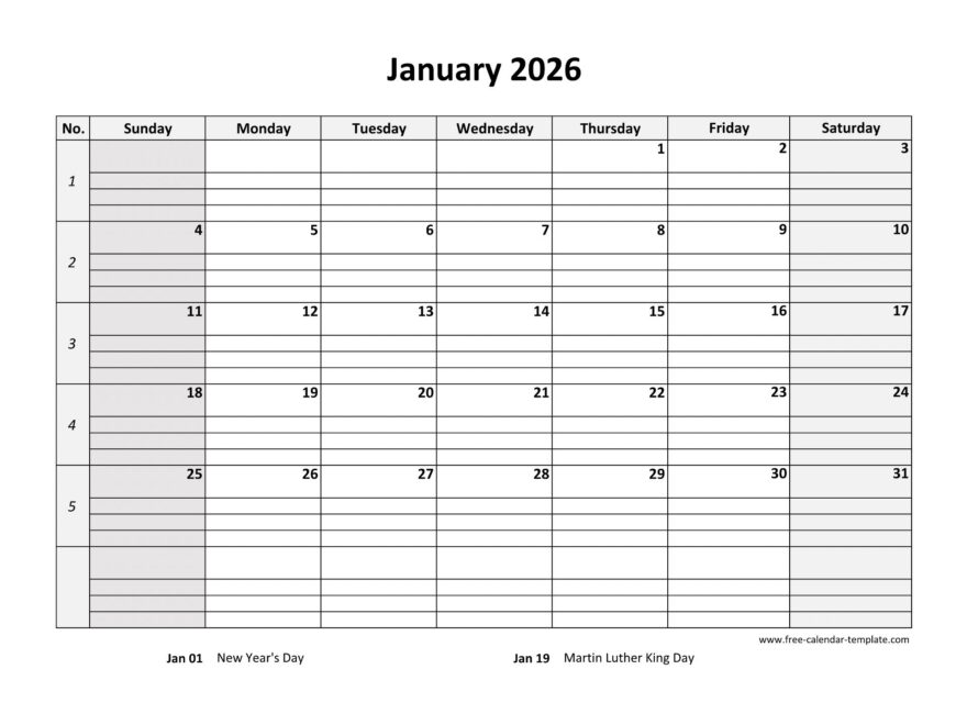Monthly 2026 Calendar Free Printable With Grid Lines Designed horizontal Free calendar template