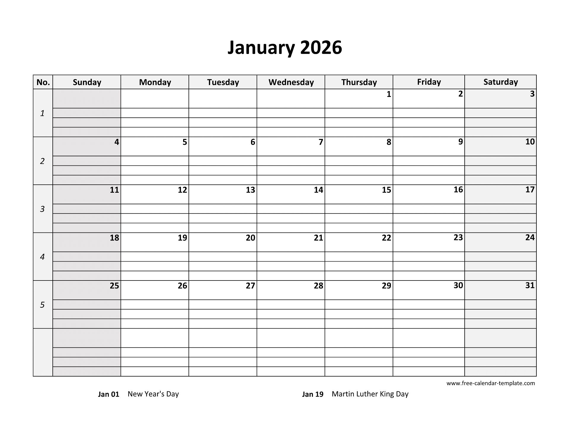 Monthly 2026 Calendar Free Printable With Grid Lines Designed horizontal Free calendar template