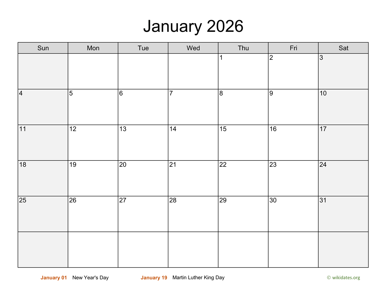 Monthly 2026 Calendar With Weekend Shaded WikiDates