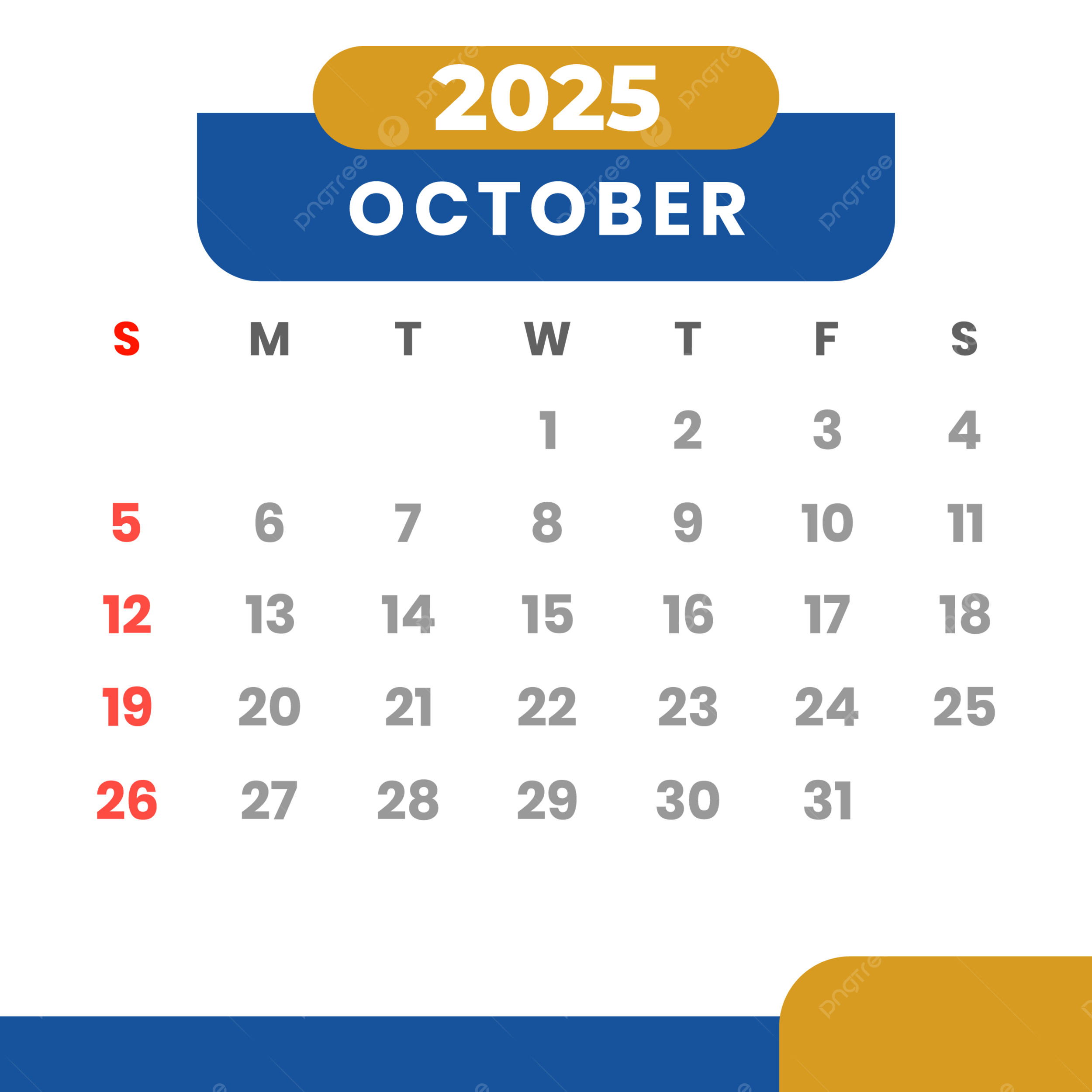 Monthly Calendar October 2025 Clipart Blue And Yellow Vector Monthly Calendar October 2025 Calendar 2025 PNG And Vector With Transparent Background For Free Download