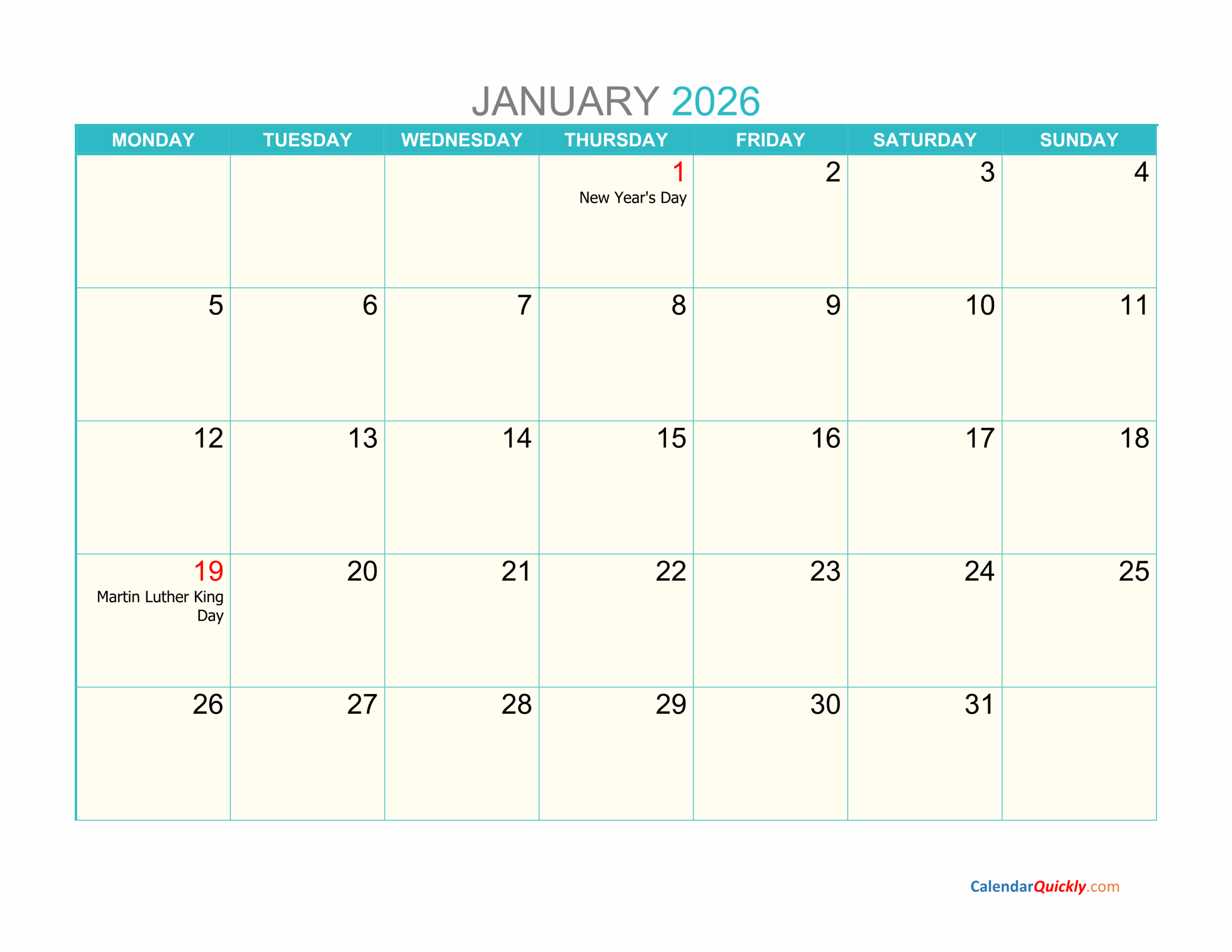 Blank Monthly Calendars 2026 Printable