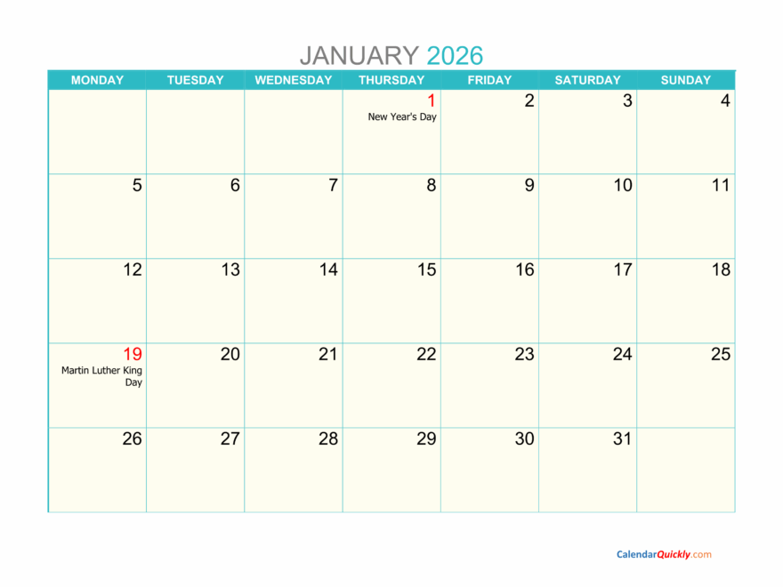 Monthly Monday 2026 Calendar Printable Calendar Quickly