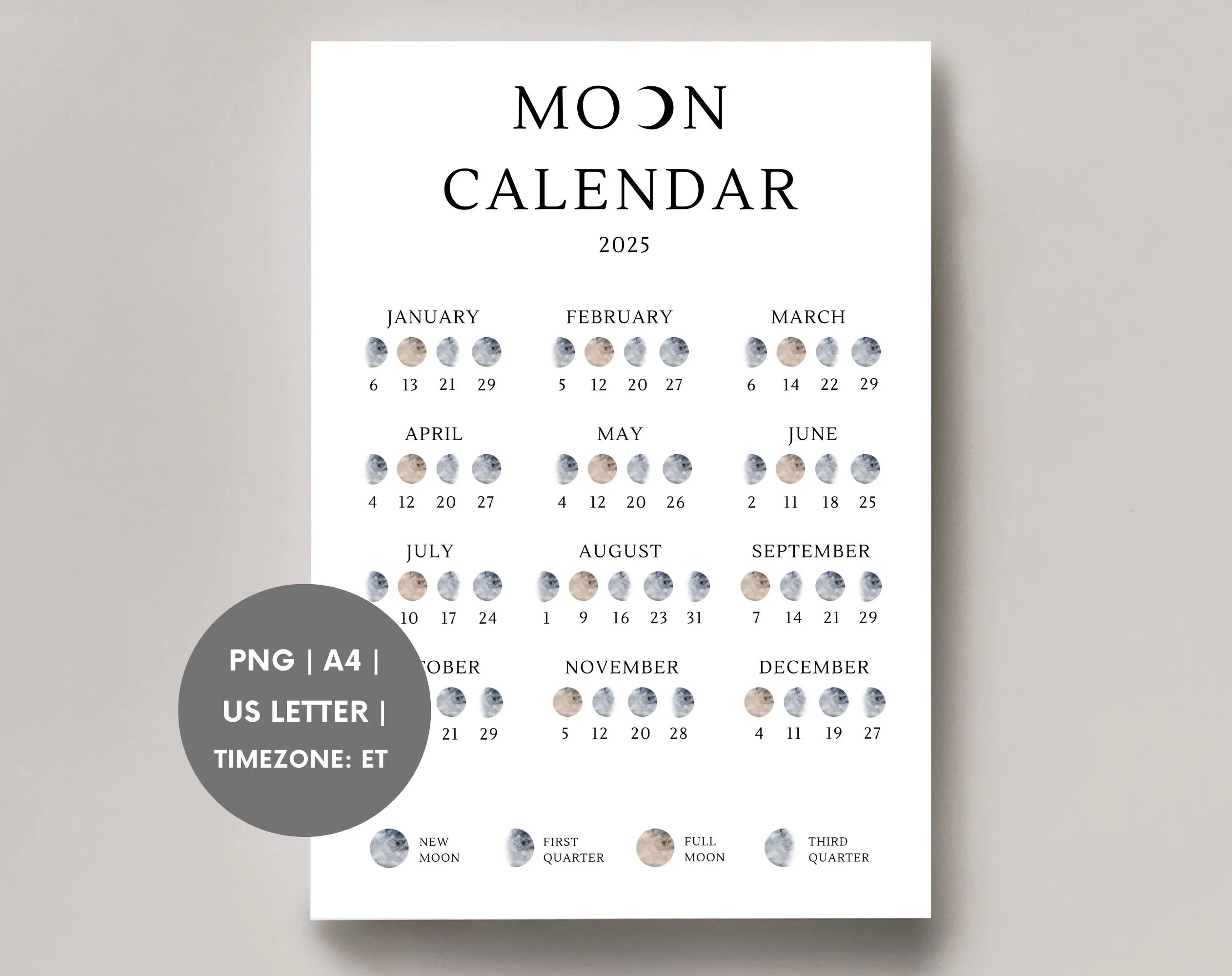 Moon Calendar 2025 Lunar Calendar Moon Phase Calendar Printable Moon Calendar Timezone Eastern Time ET Etsy