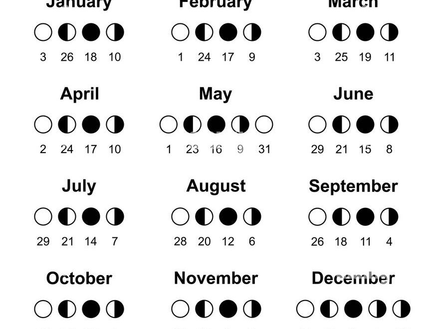 Moon Calendar 2026 And Moon Phases Lunar Phases Schedule And Cycles Poster Template Design Printable In Black And White Color Vector Illustration Stock Vector Image Art Alamy
