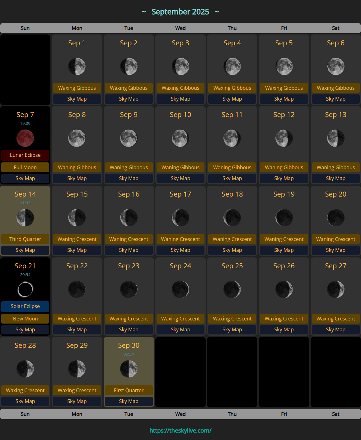 Moon Calendar September 2025 TheSkyLive