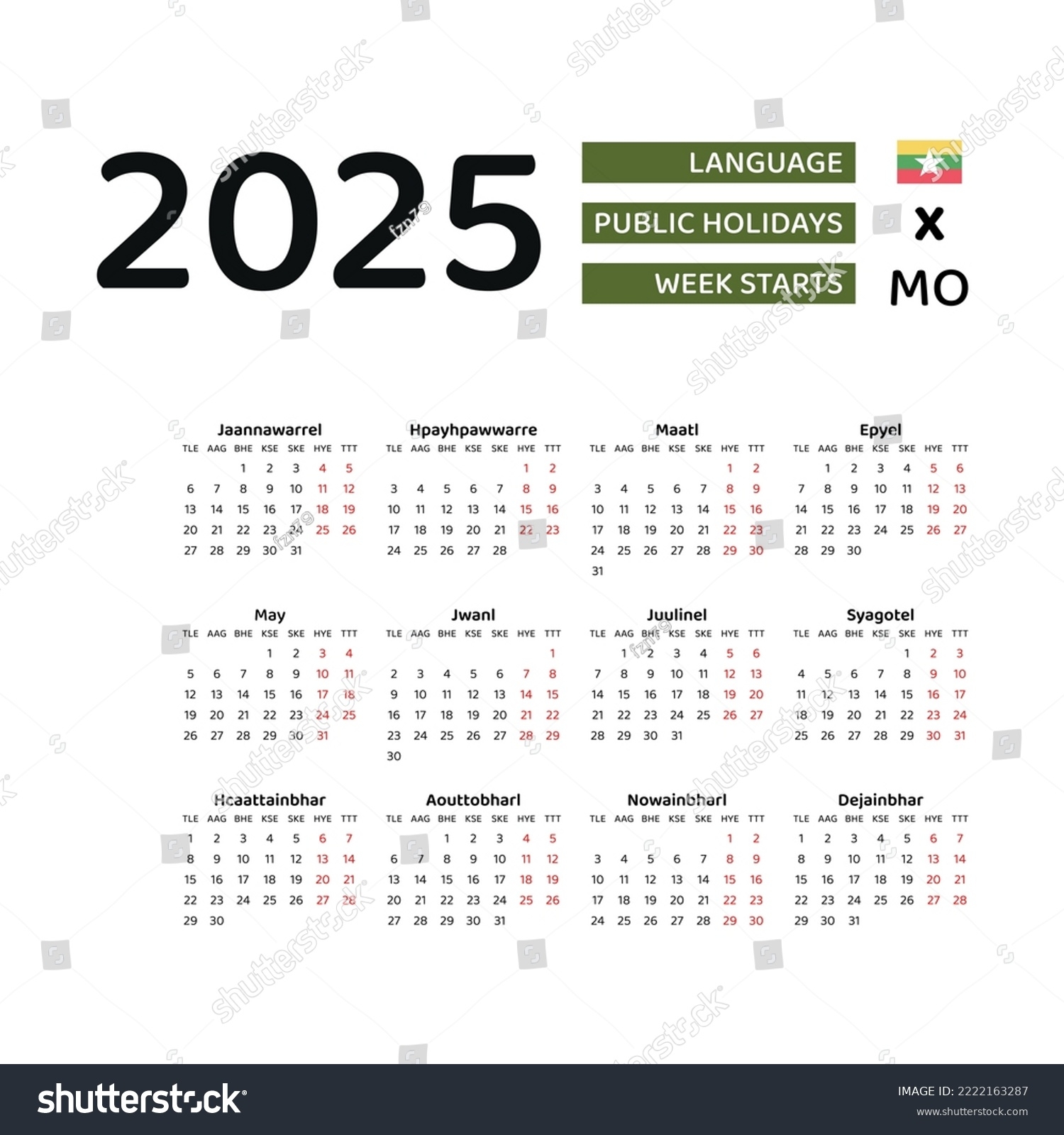 Myanmar Calendar 2025 Week Starts Monday Stock Vector Royalty Free 2222163287 Shutterstock