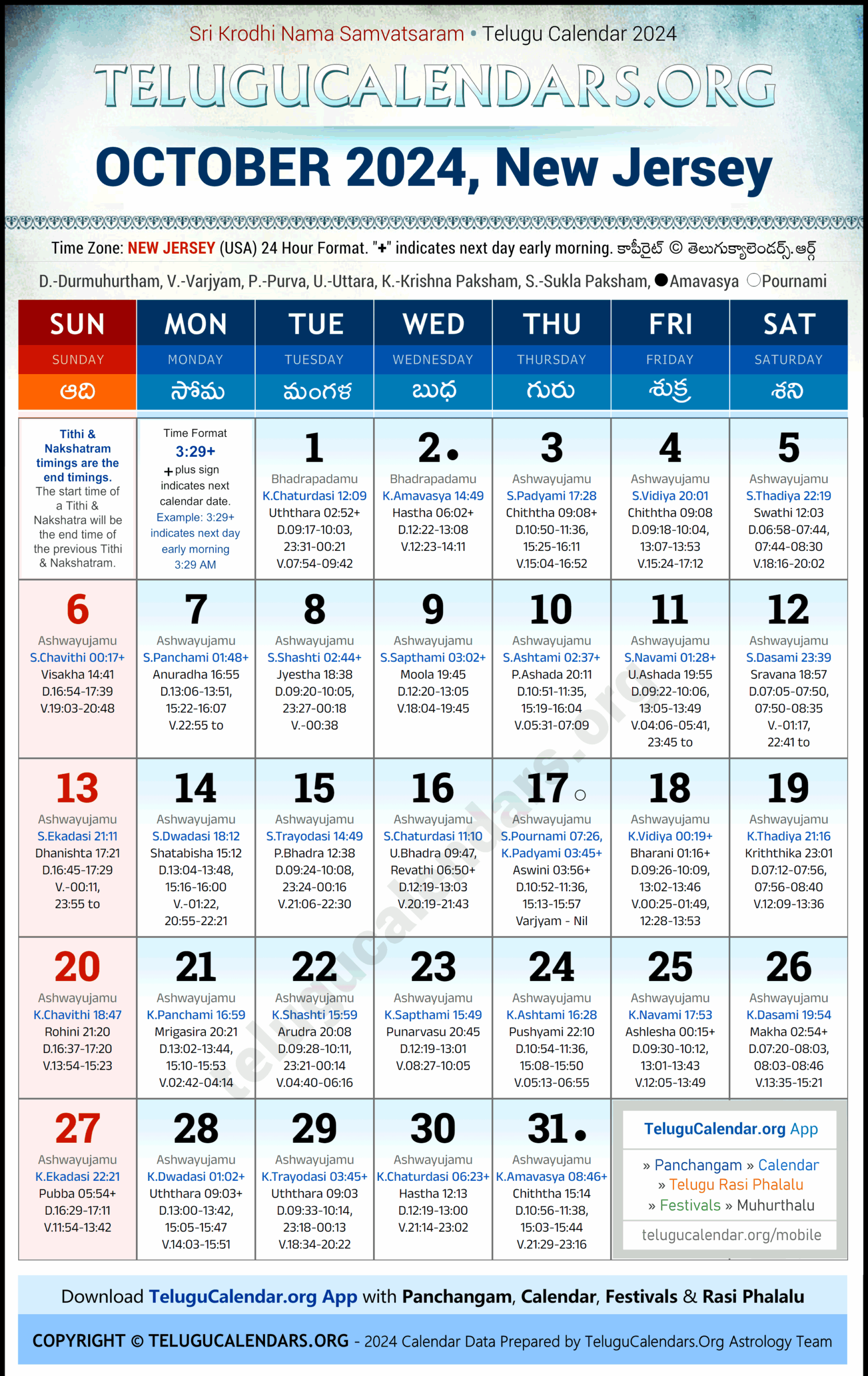New Jersey Telugu Calendar October 2025