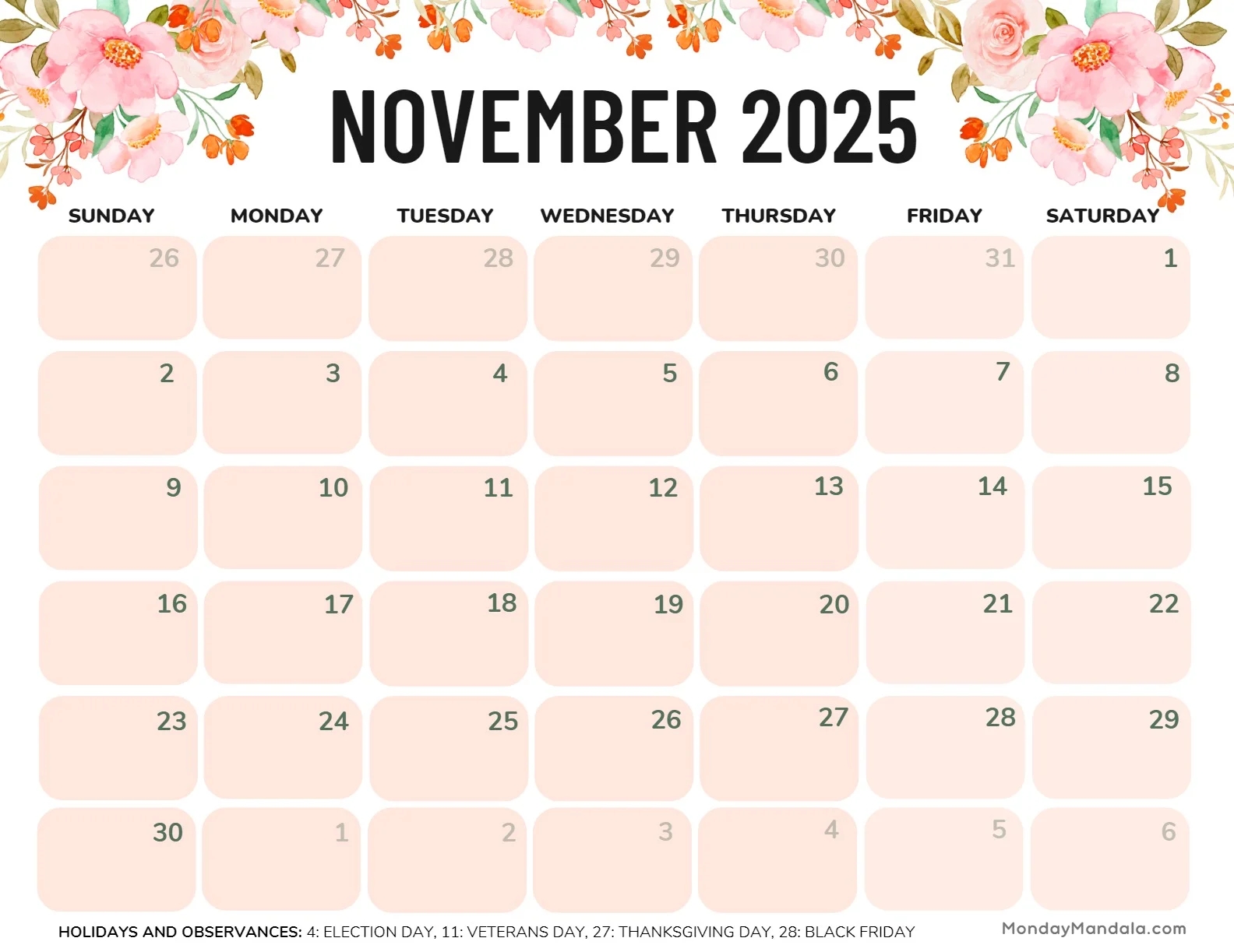 November Printable Calendar 2025