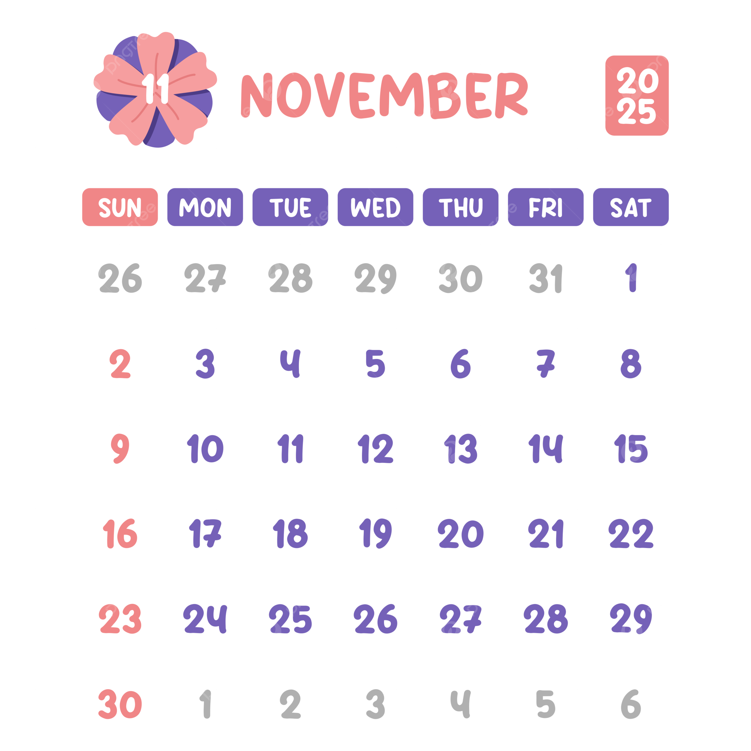 November 2025 Calendar Cute Pink Flower Vector Flower Clipart Calendar Clipart November Clipart PNG And Vector With Transparent Background For Free Download