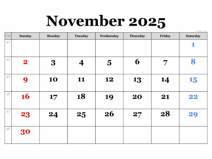 November 2025 Calendar Free Printable PDF XLS And PNG