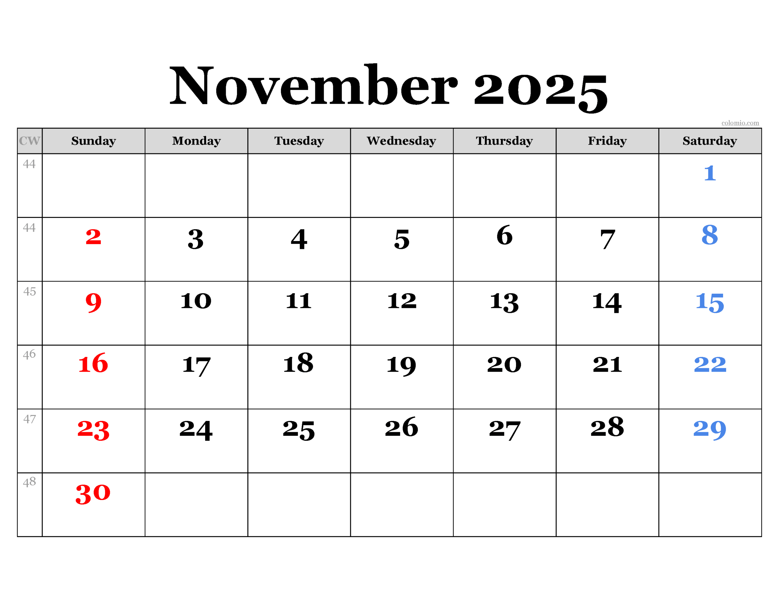 November 2025 Calendar Free Printable PDF XLS And PNG