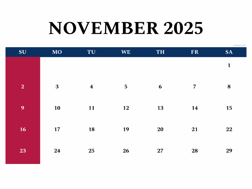 November 2025 Calendar Free Printable PDF XLS And PNG