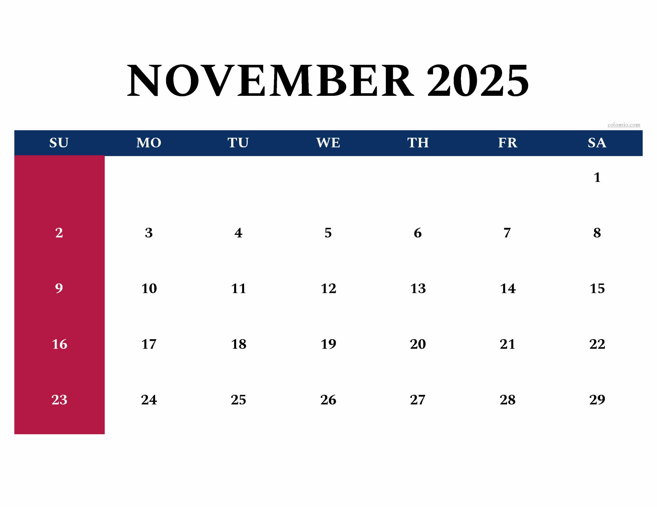 November 2025 Calendar Free Printable PDF XLS And PNG