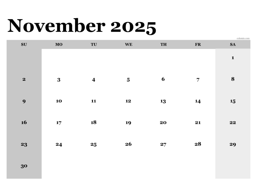 November 2025 Calendar Free Printable PDF XLS And PNG
