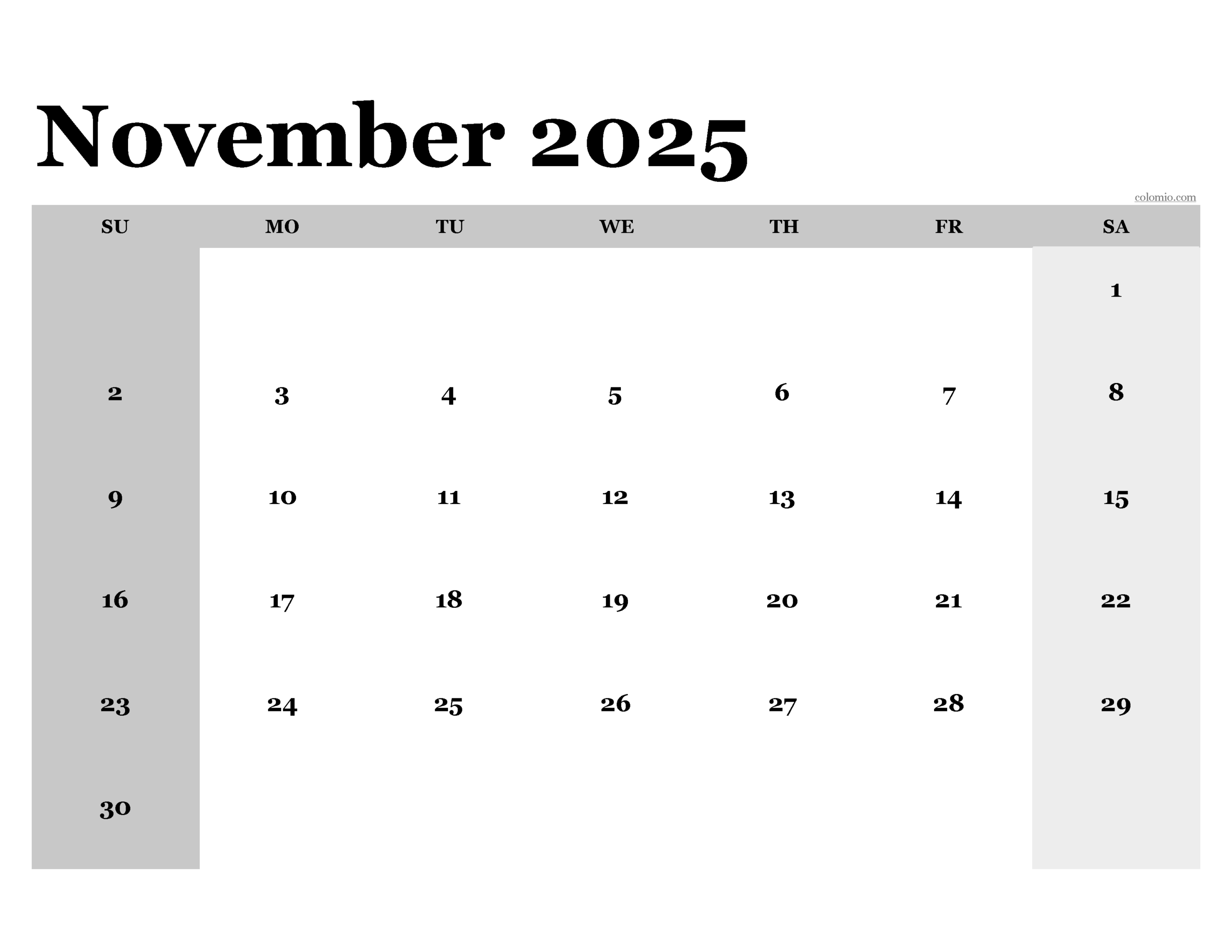 November 2025 Calendar Free Printable PDF XLS And PNG