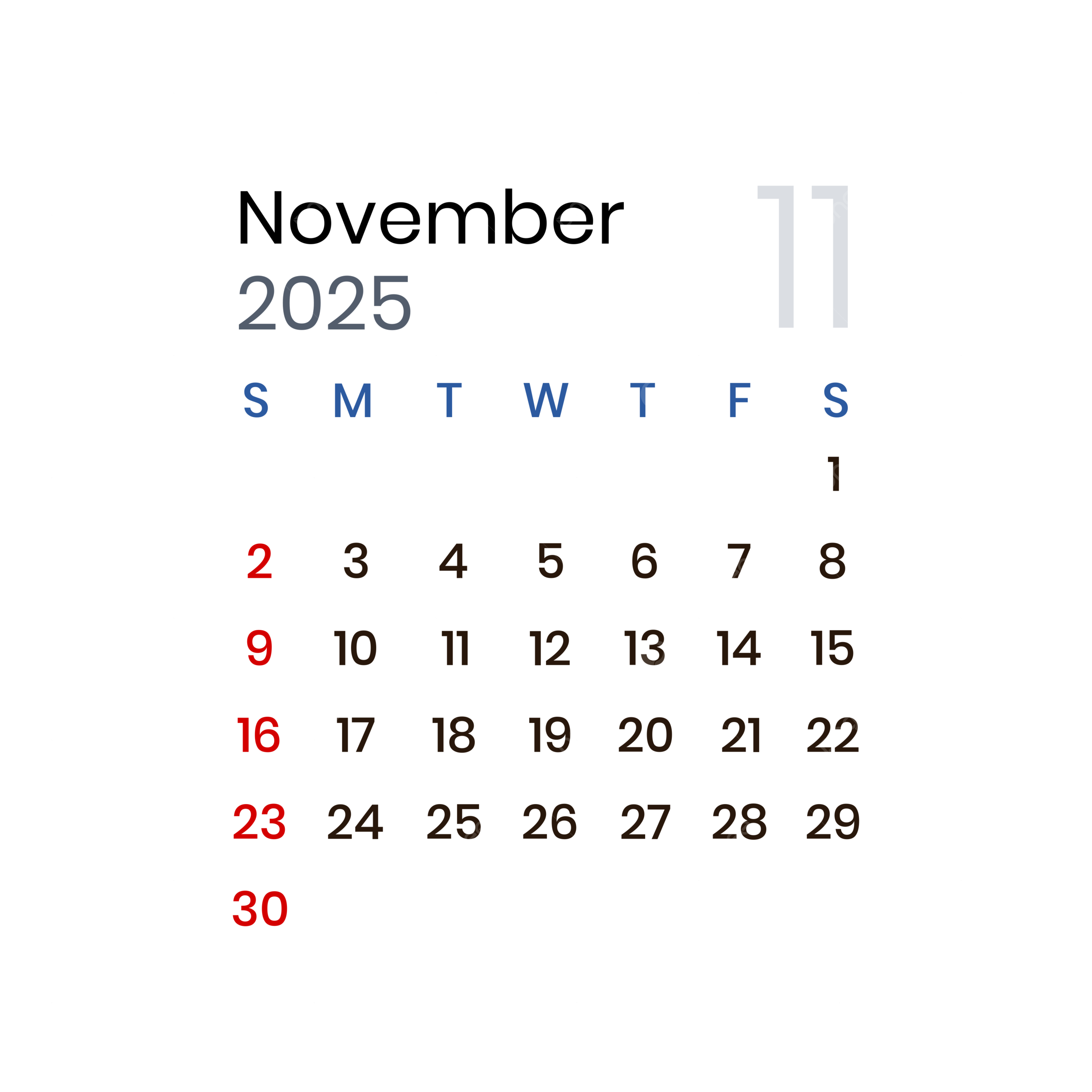 November 2025 Calendar Minimalist Vector November 2025 November 2025 Calendar Calendar 2025 PNG And Vector With Transparent Background For Free Download