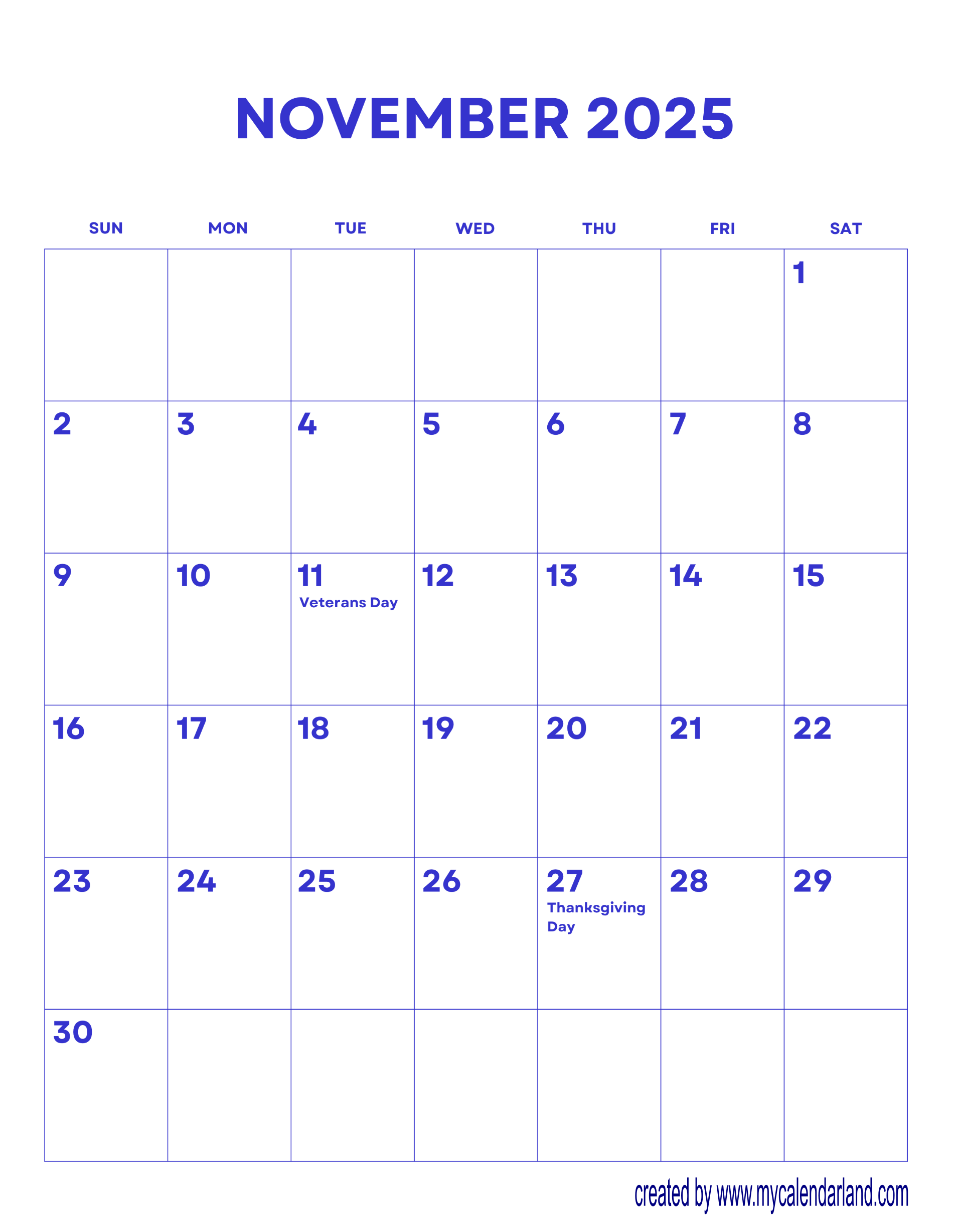 Blank November Calendar 2025