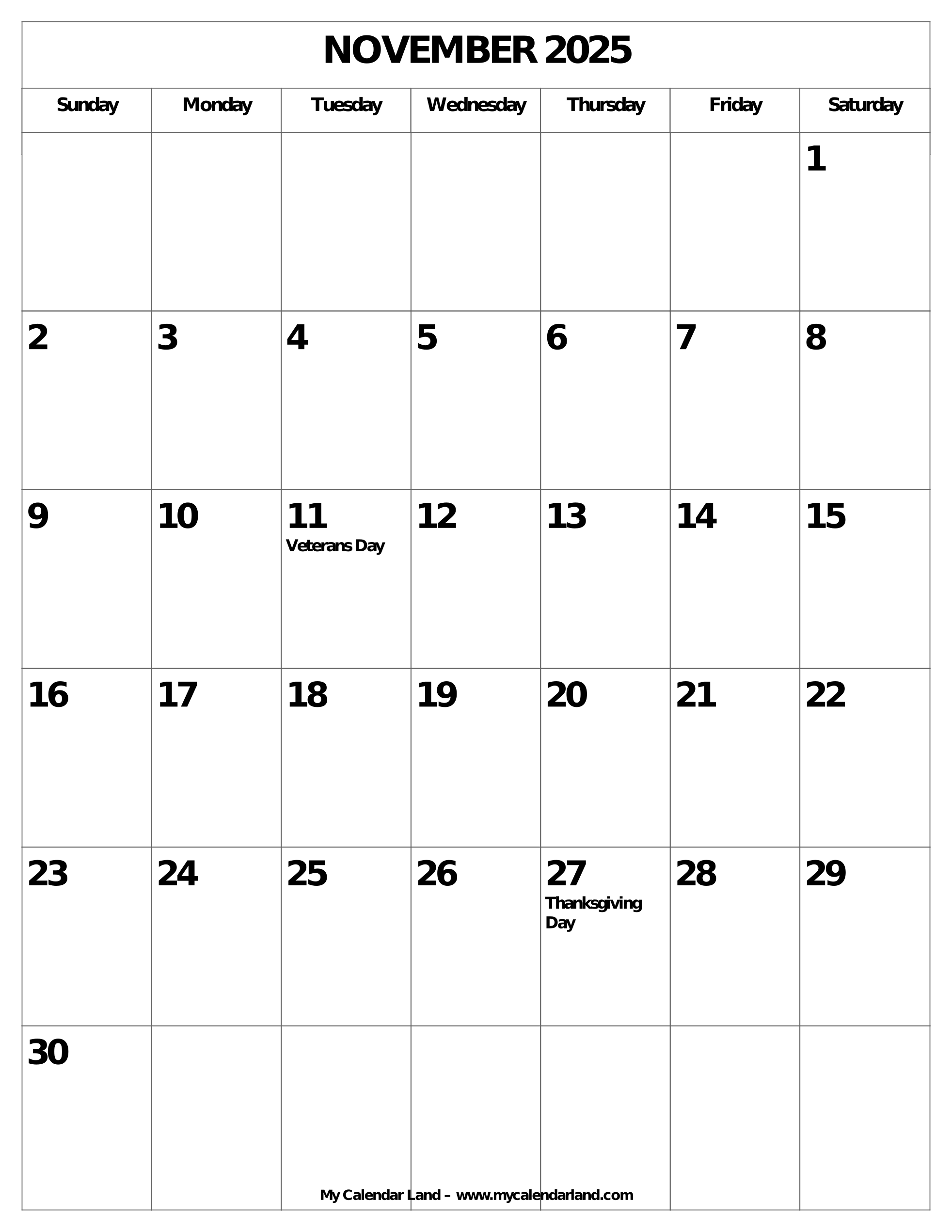 November 2025 Calendar My Calendar Land