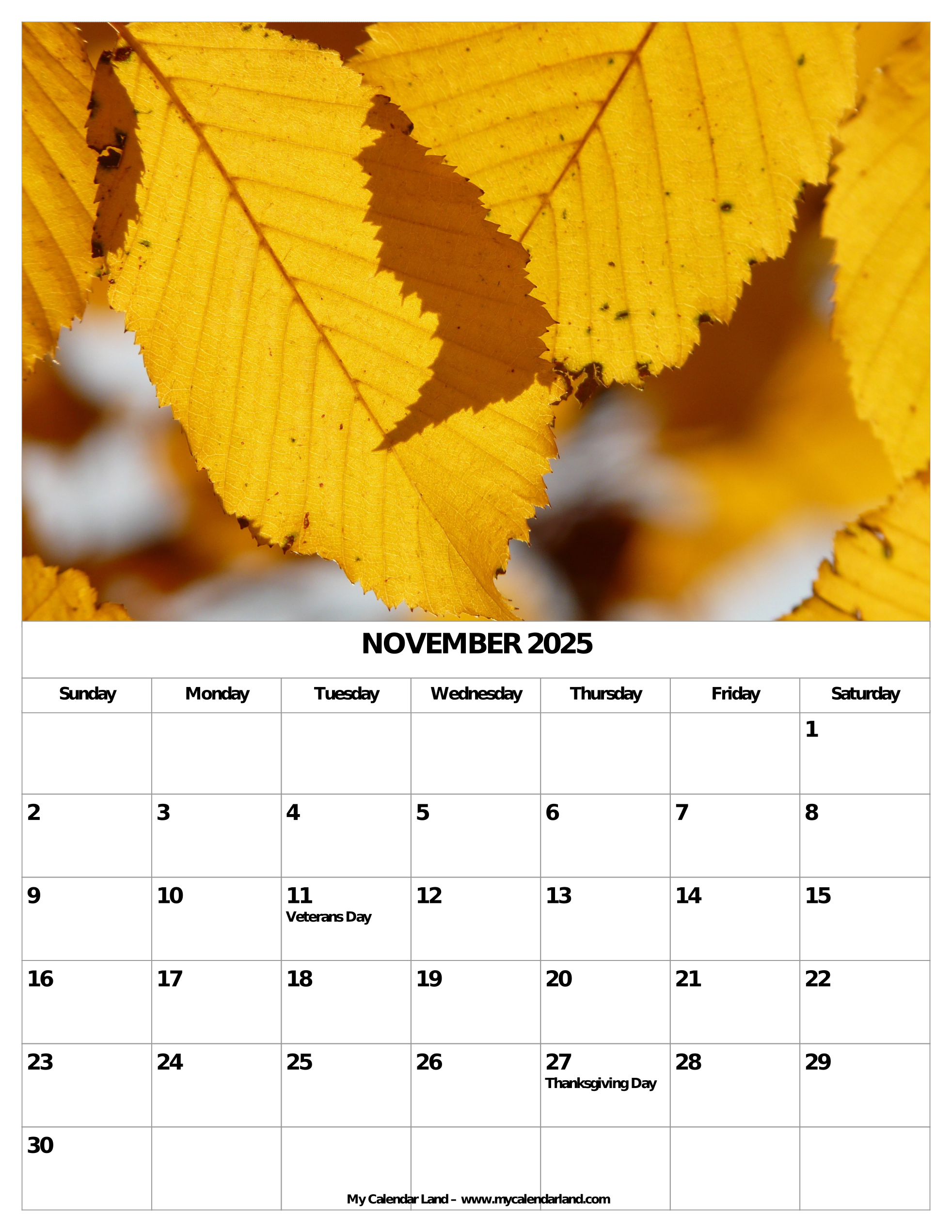 November 2025 Calendar My Calendar Land