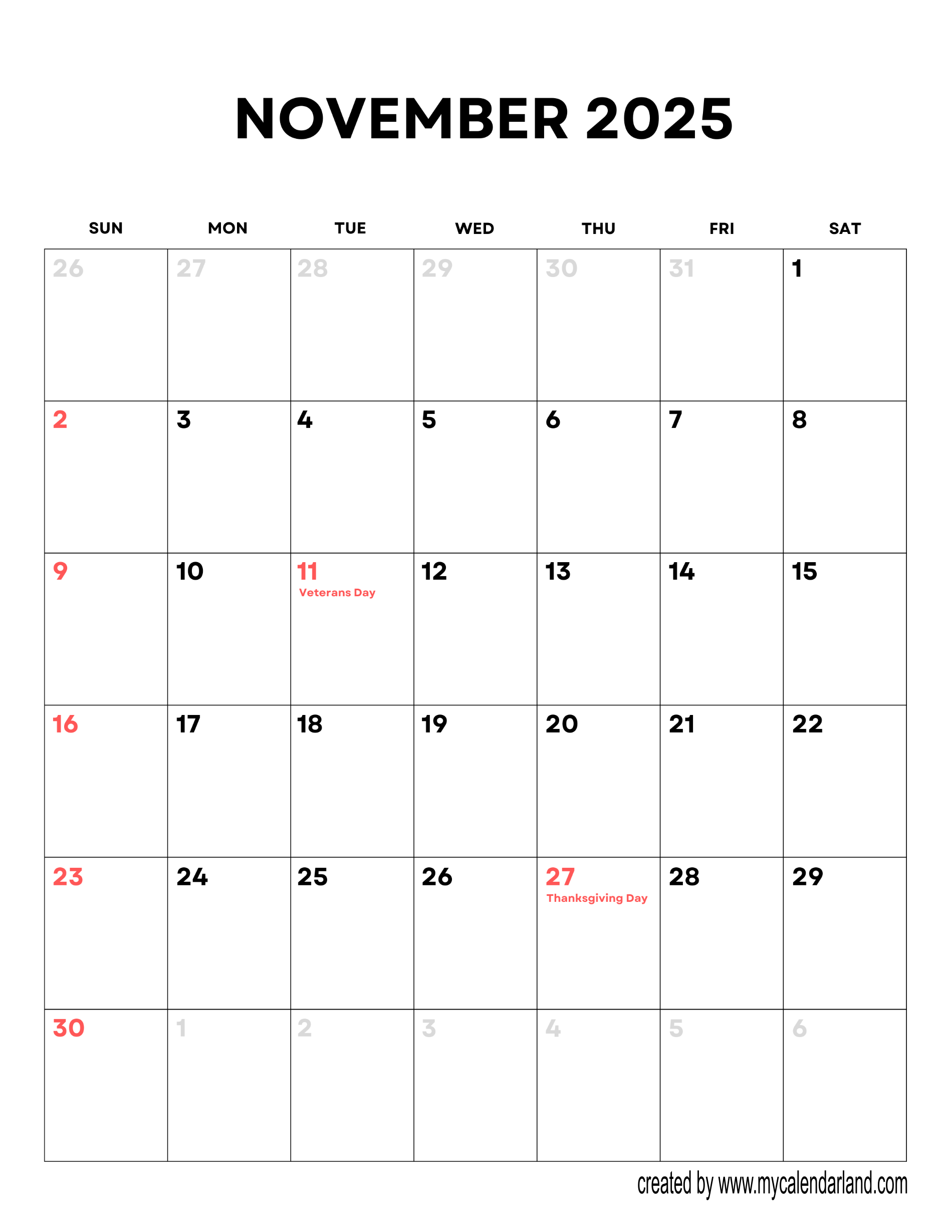 November 2025 Calendar My Calendar Land