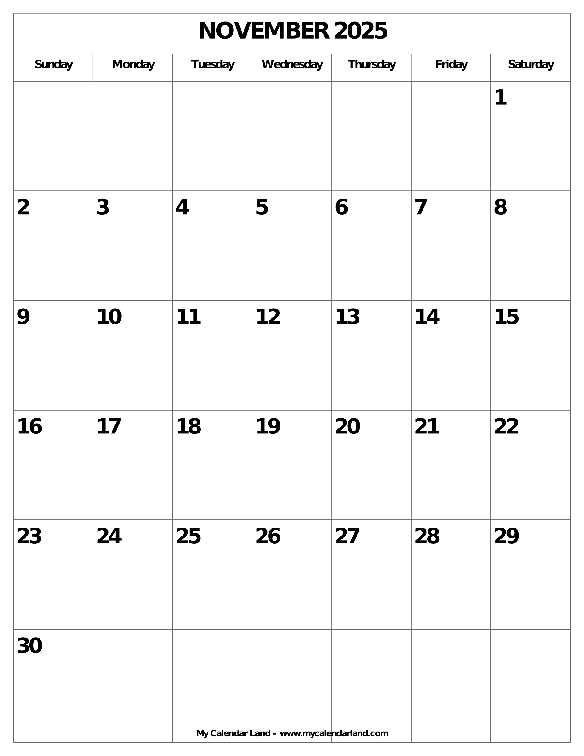 November 2025 Calendar My Calendar Land