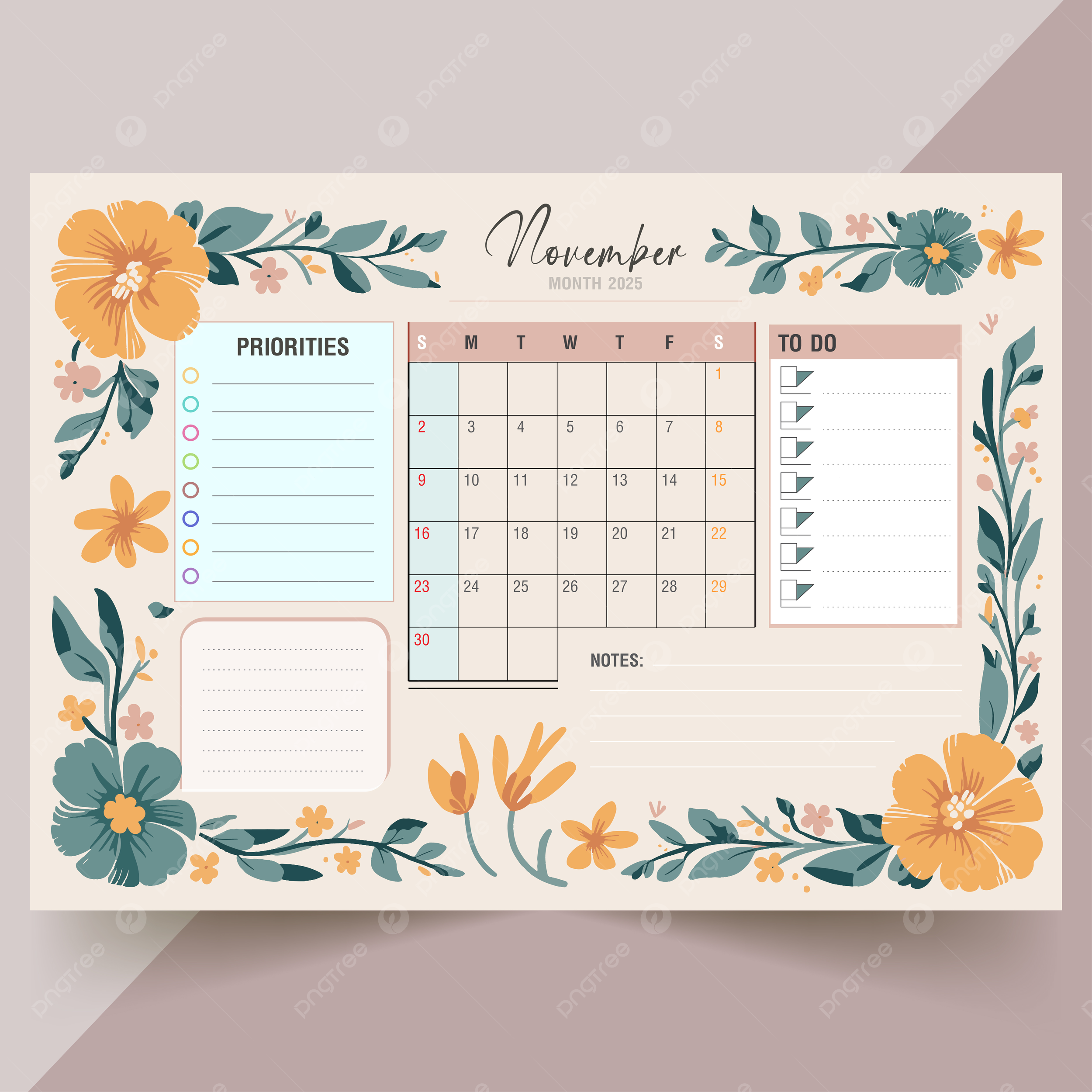November 2025 Calendar Notes Vector Template Download On Pngtree