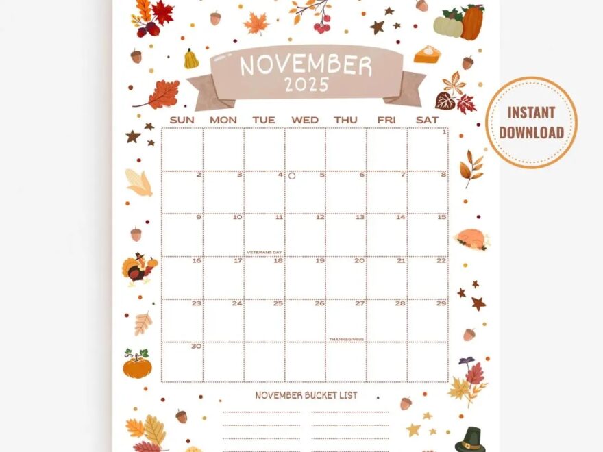 November 2025 Calendar Printable PDF November 2025 Page November 2025 Boho November Calendar 2025 Cute Calendar Nov Cal Digital Download Etsy