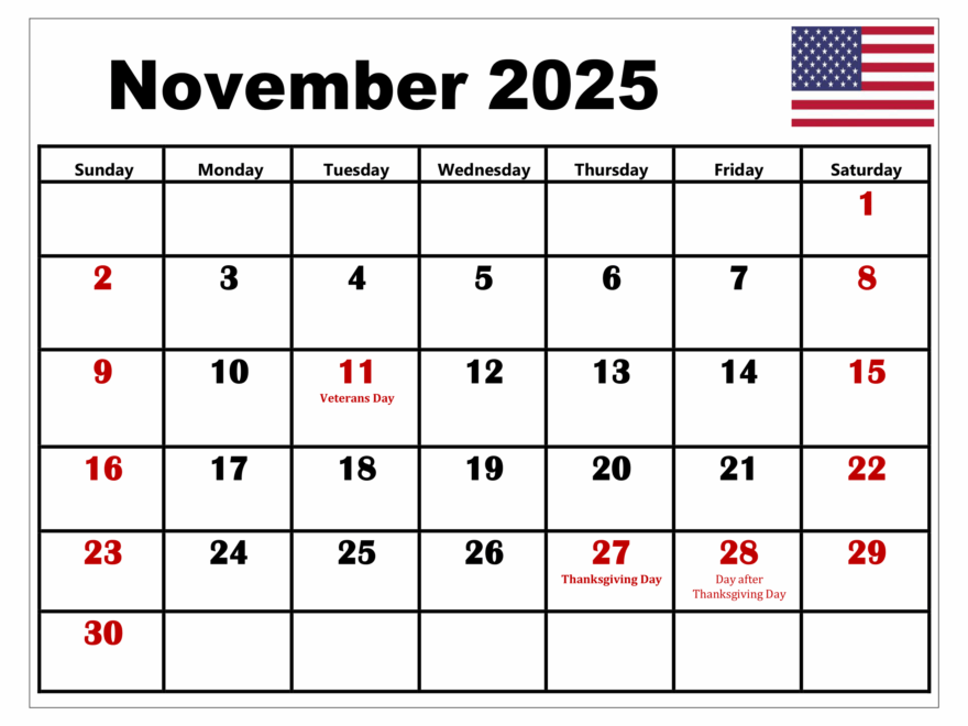 November 2025 Calendar Printable PDF Template With Holidays