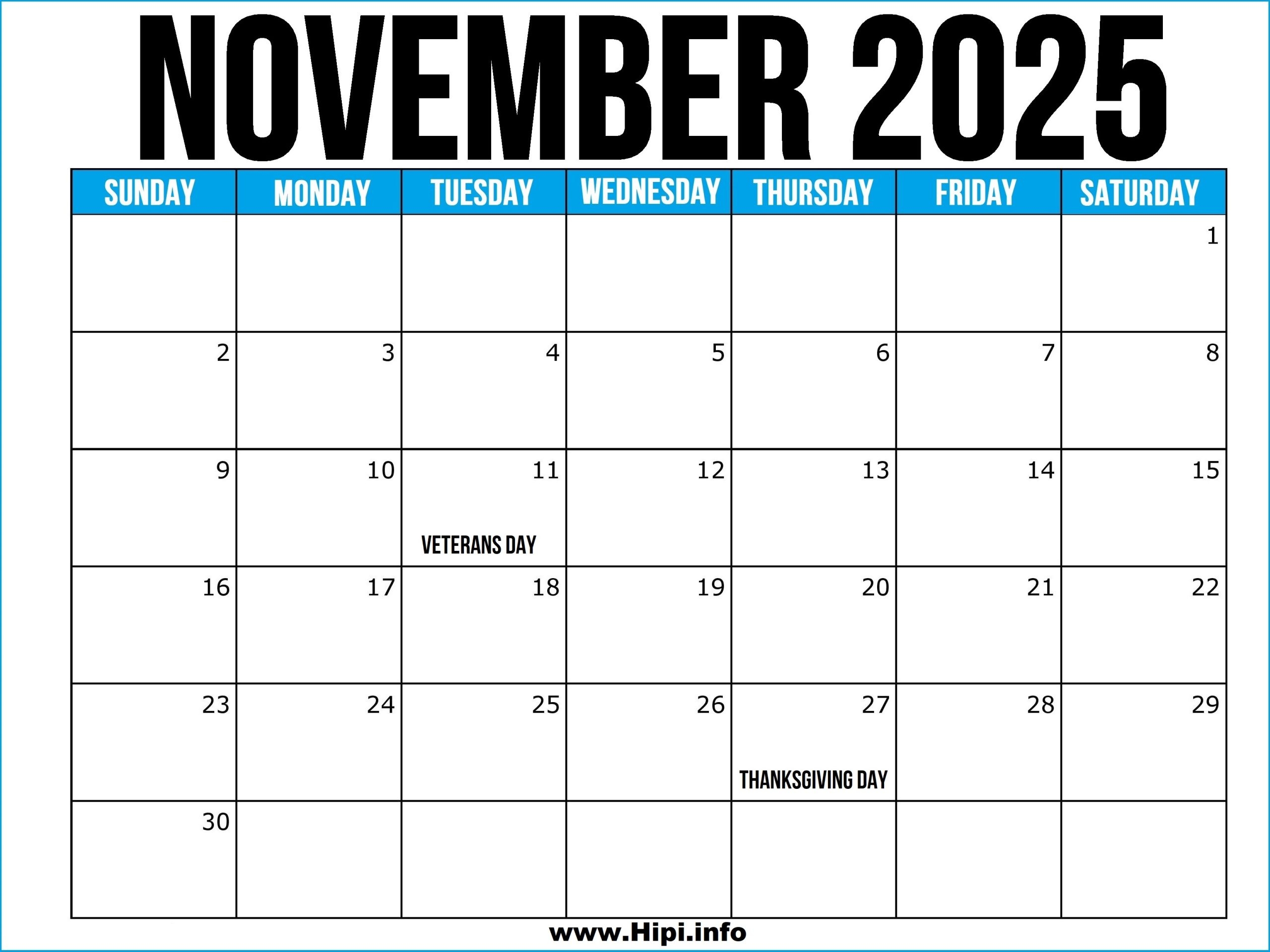 November 2025 Calendar With Holidays Usa