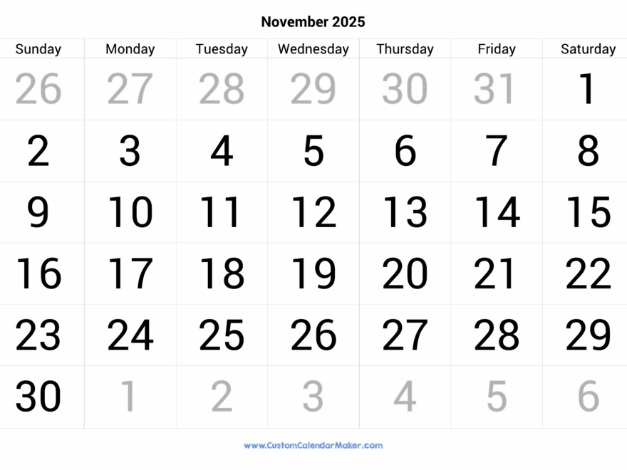 November 2025 Calendar Printable With Large Numbers Custom Calendar Maker