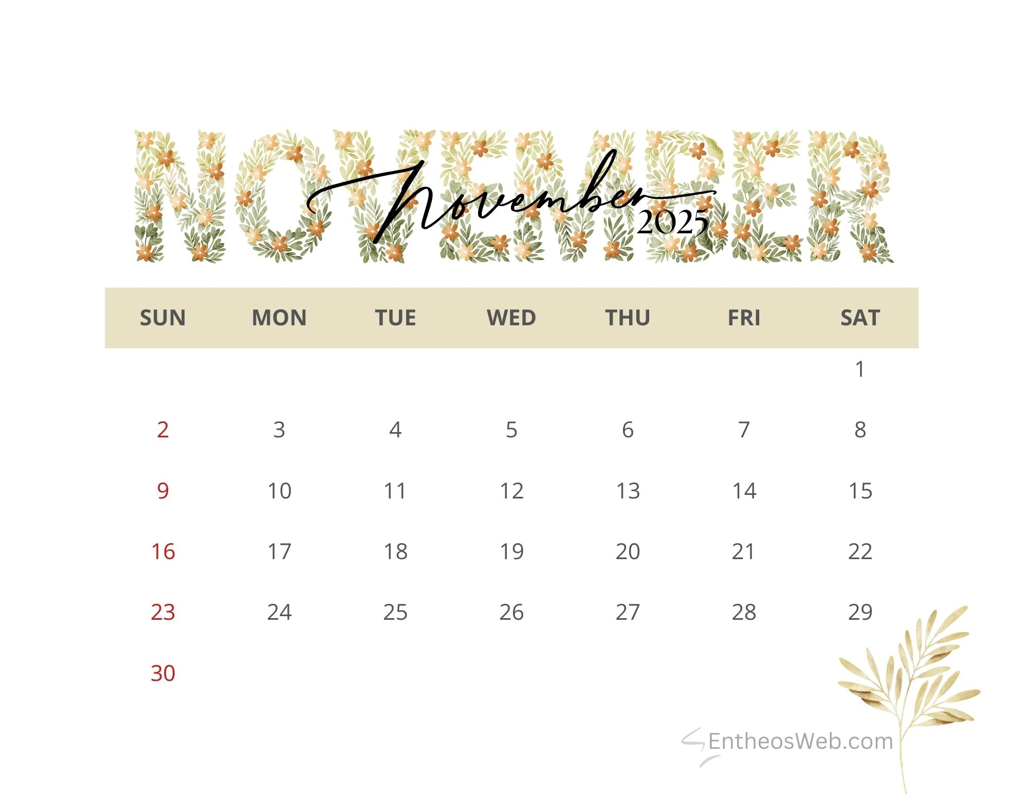 November 2025 Calendar Printables EntheosWeb