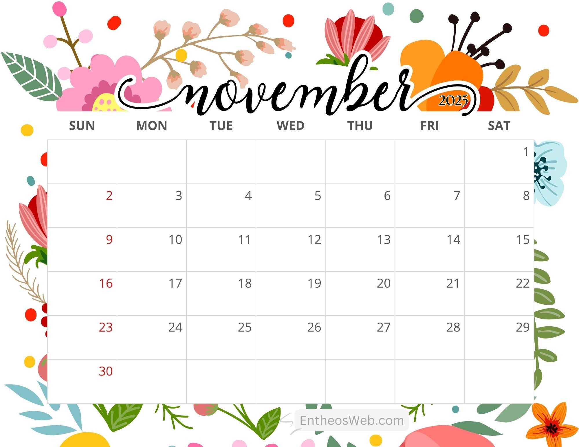 November 2025 Calendar Printables EntheosWeb