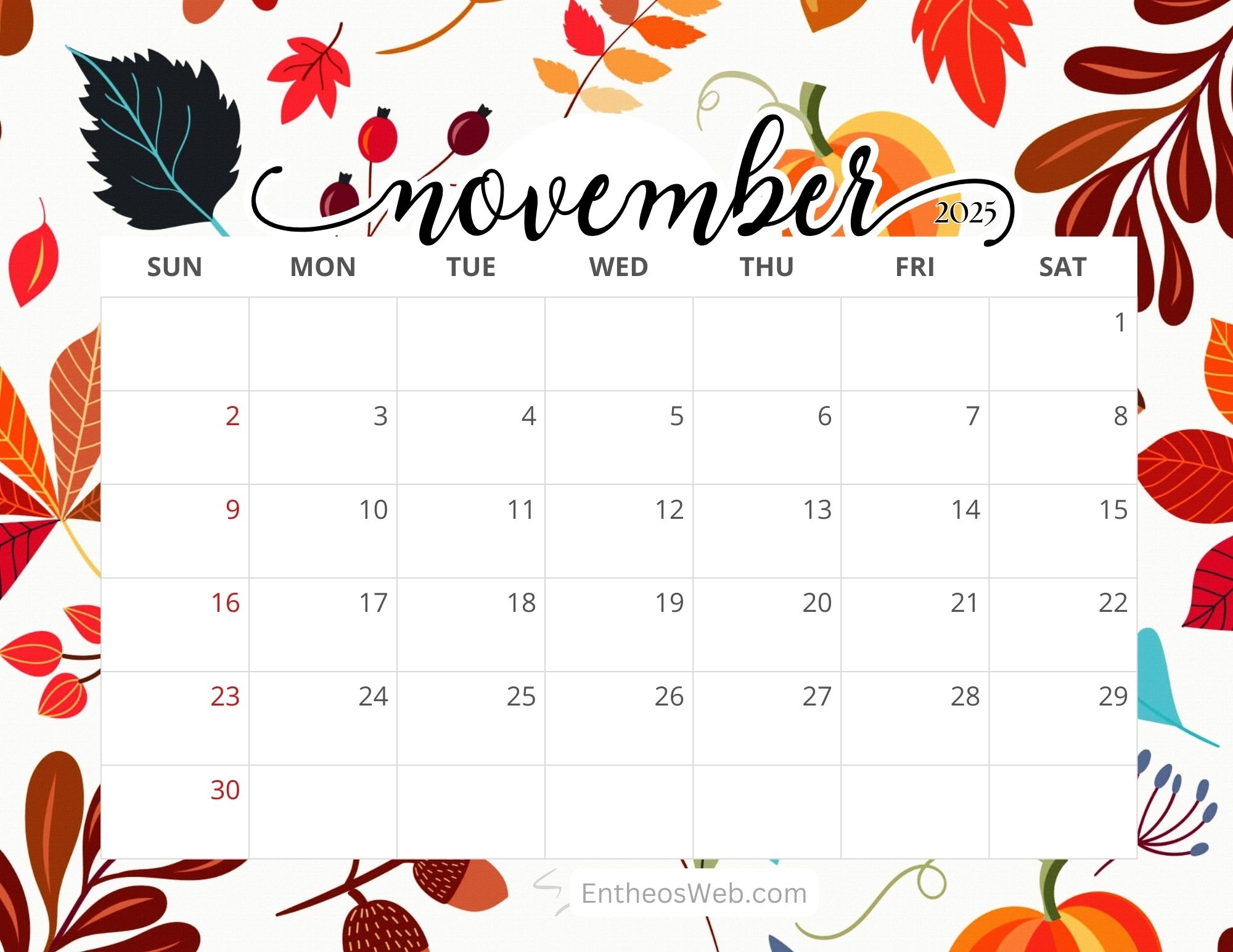 Calendar November 2025 Printable Free