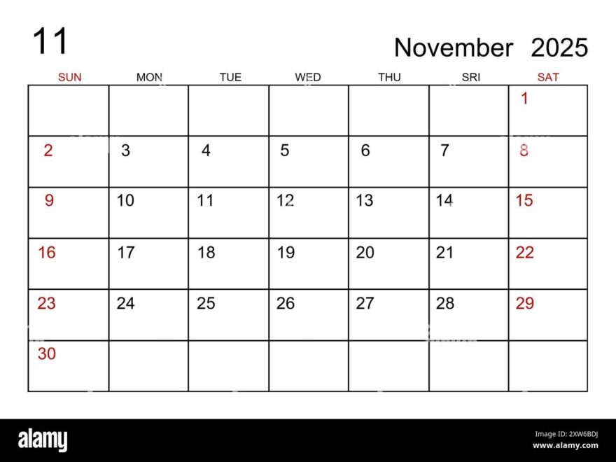 November 2025 Calendar Template On White Paper Background Stock Photo Alamy