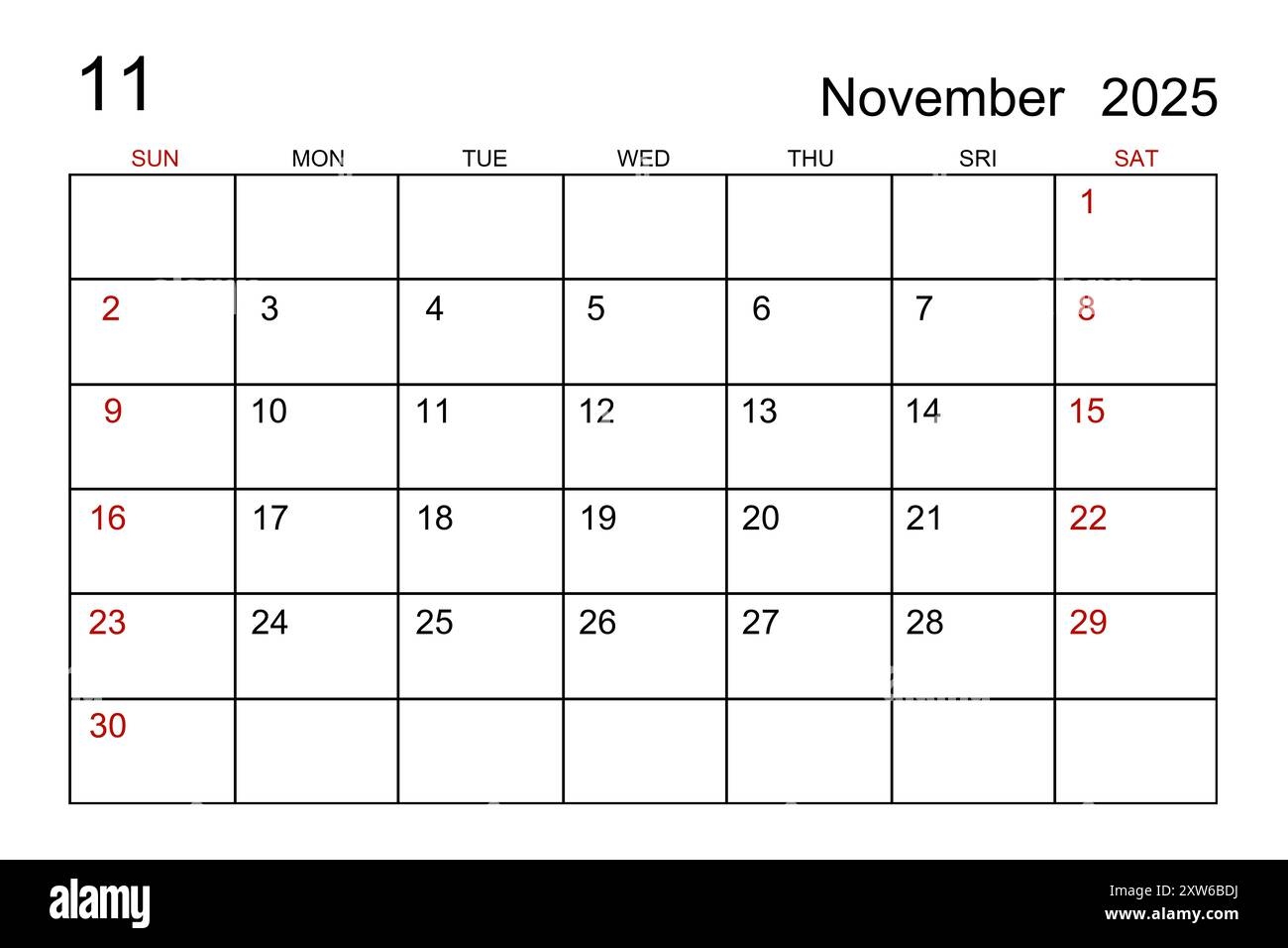 November 2025 Calendar Template On White Paper Background Stock Photo Alamy