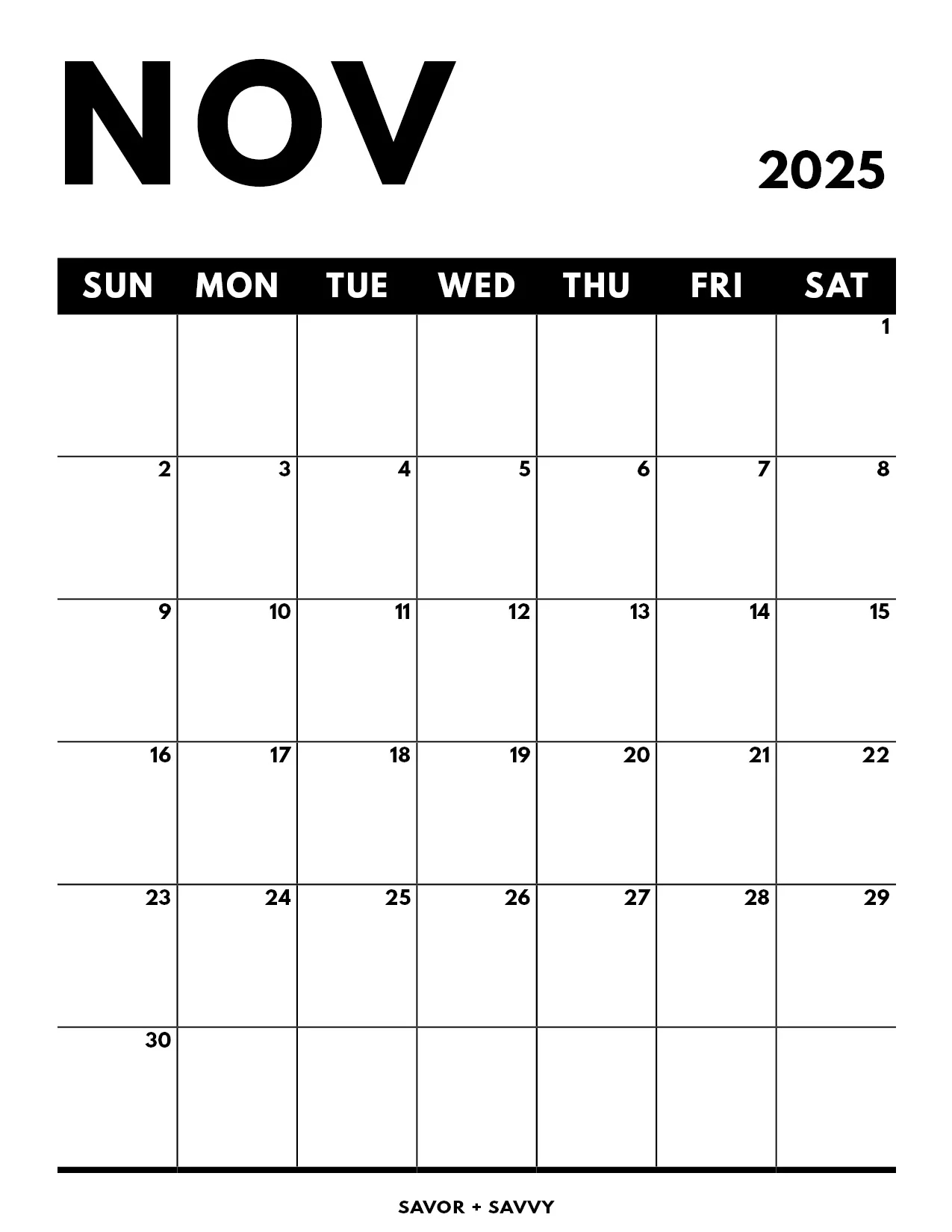 Free Printable November 2025 Calendar Template