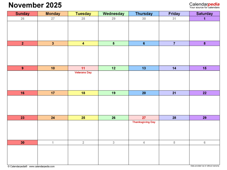 November 2025 Calendar Templates For PDF Excel And Word