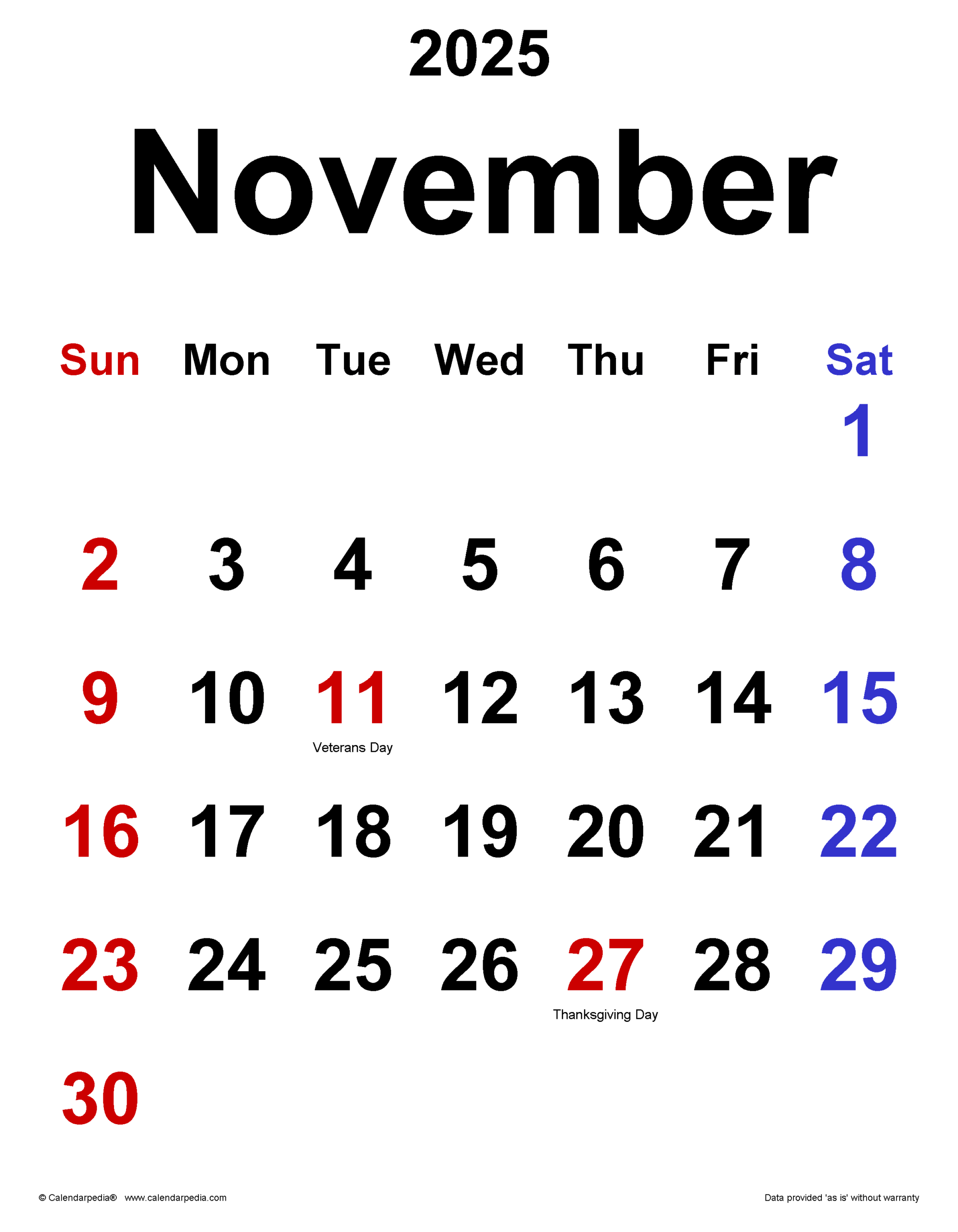 November 2025 Calendar Templates For PDF Excel And Word
