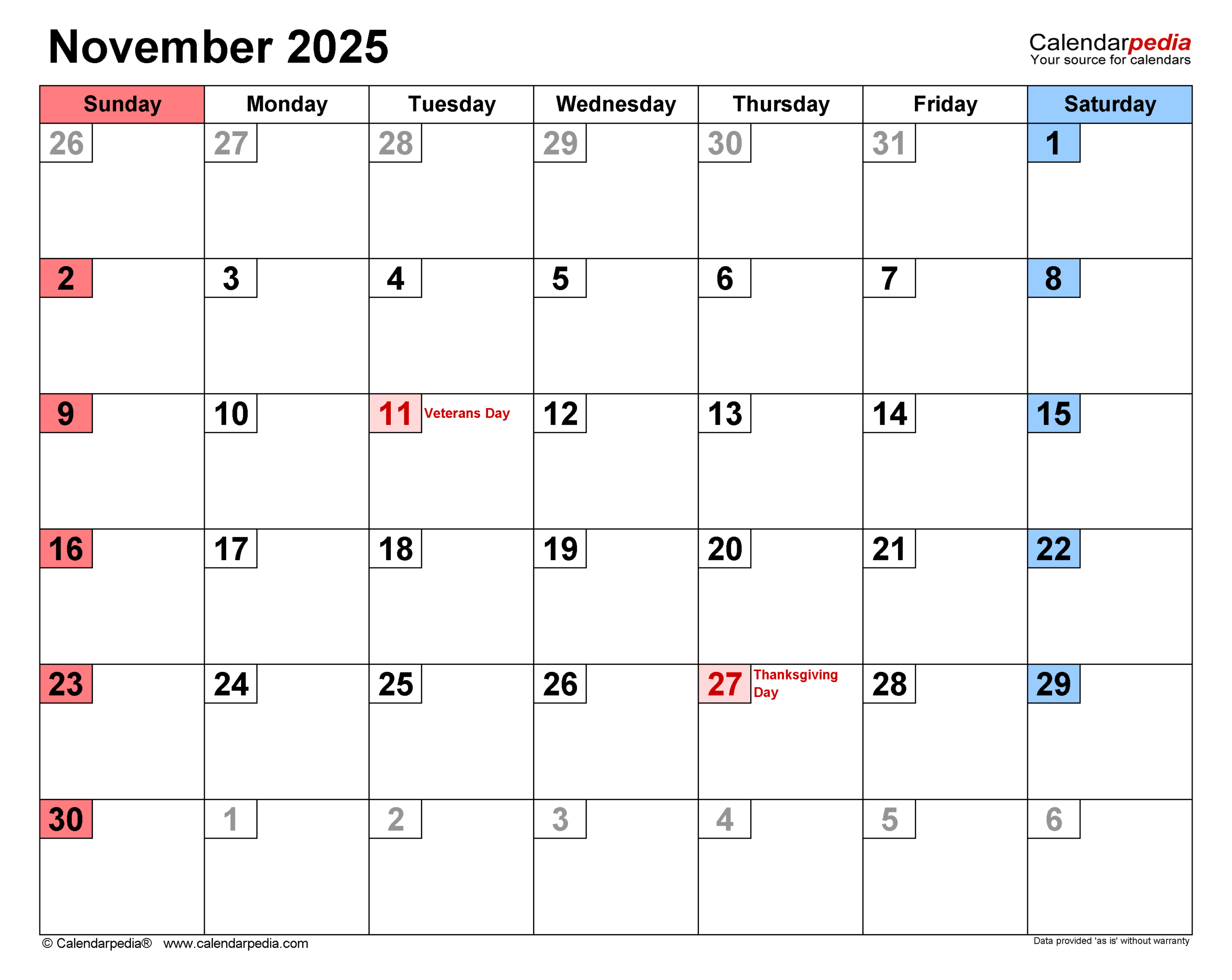 Printable Calendar November 2025 Landscape