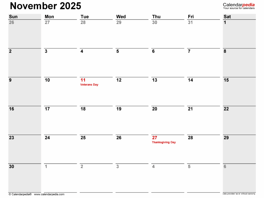 November 2025 Calendar Templates For PDF Excel And Word